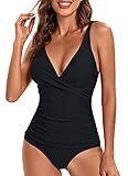 VILOREE Damen Monokini Bauchweg Schlankheits Badeanzug Plus Size Badebekleidung Bauchweg für Mollige Schwarz L