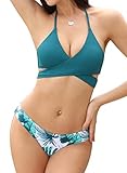 SHEKINI Damen Bikini Set Push up Verstellbar Crossover Ties-up Neckholder Bikinioberteil Zweiteiliger Badeanzug Triangel Gedruckt Niedrige Taille Sport Bikinihose Strandkleidung(Medium, Grün)